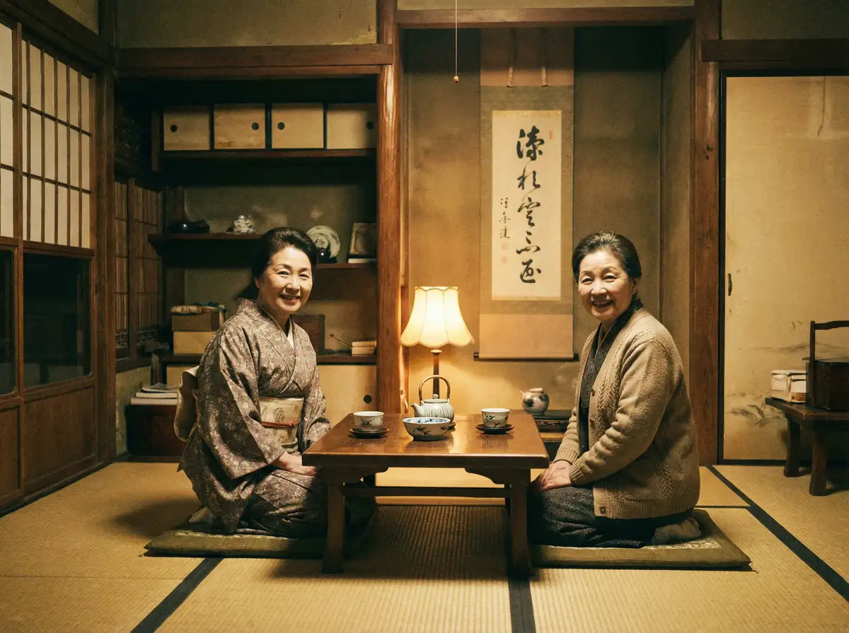 两位优雅的 和记app 在日式茶室中品茶交谈